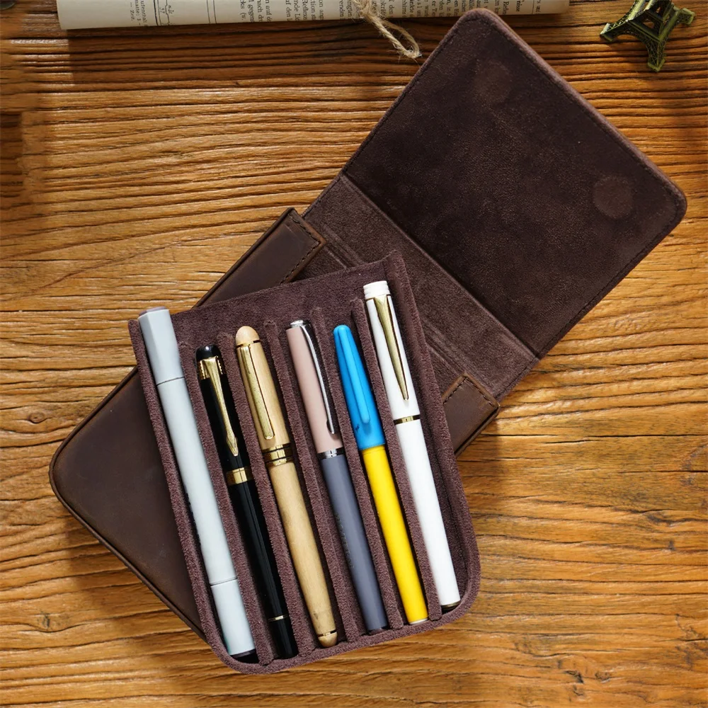 Luxury Magnet Pen Bag 6 Pens Capacity Student Stationery Storage Bag Genuine Leather Durable Waterproof Protect