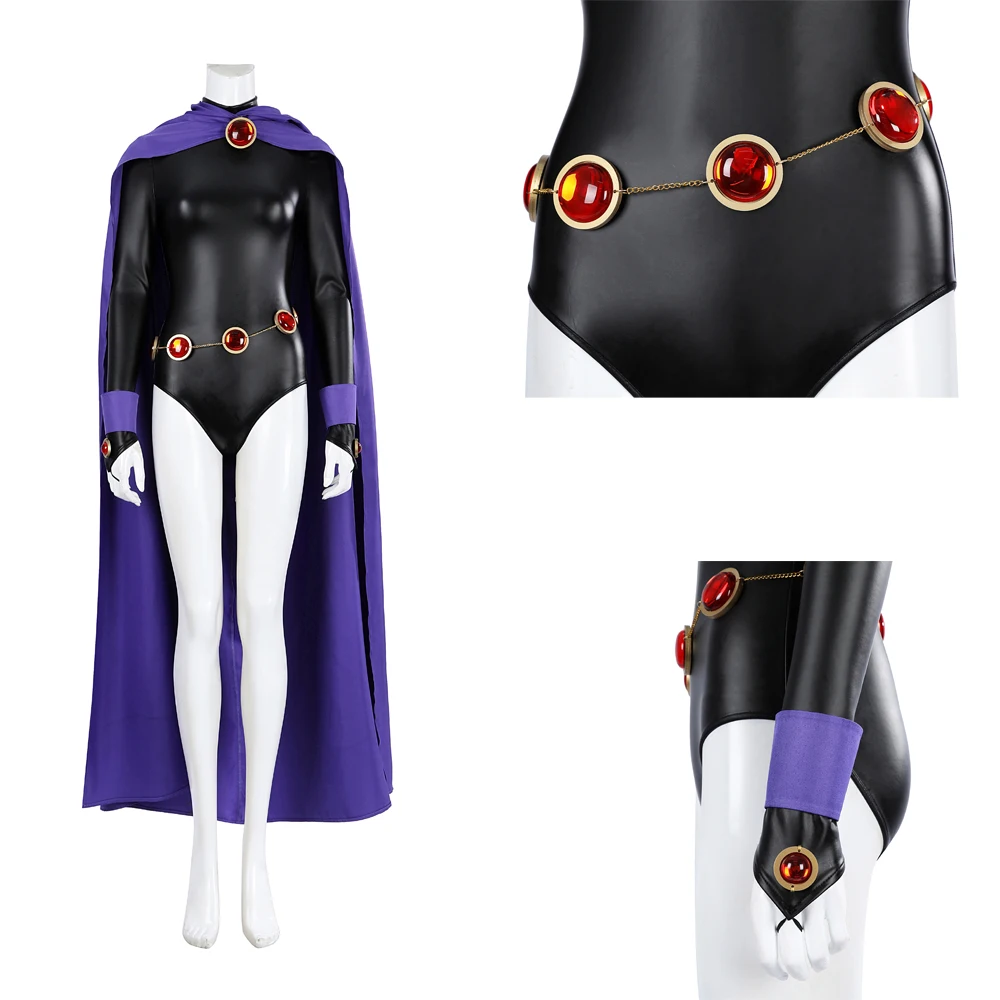 Zentai Teen Titans Super Hero Raven Cosplay Costume Women Black Bodysuit Purple Hooded Cloak Jumpsuits Halloween Party Costume