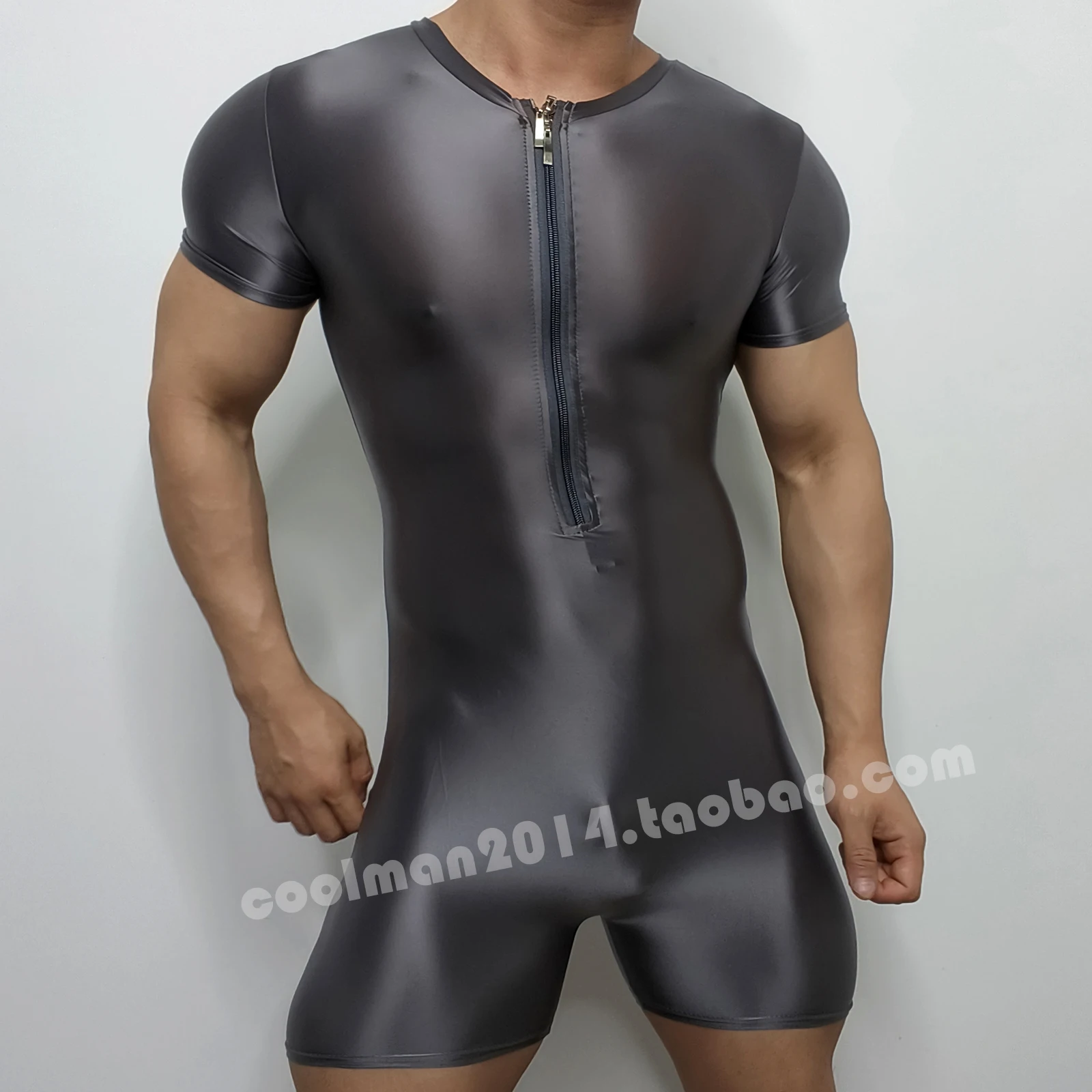 Mens Glossy See Through Zipper Satin Sexy Bodycon Playsuit Romper Short Sleeve Swimwear Suit Outfit Streetwear Jumpsuit