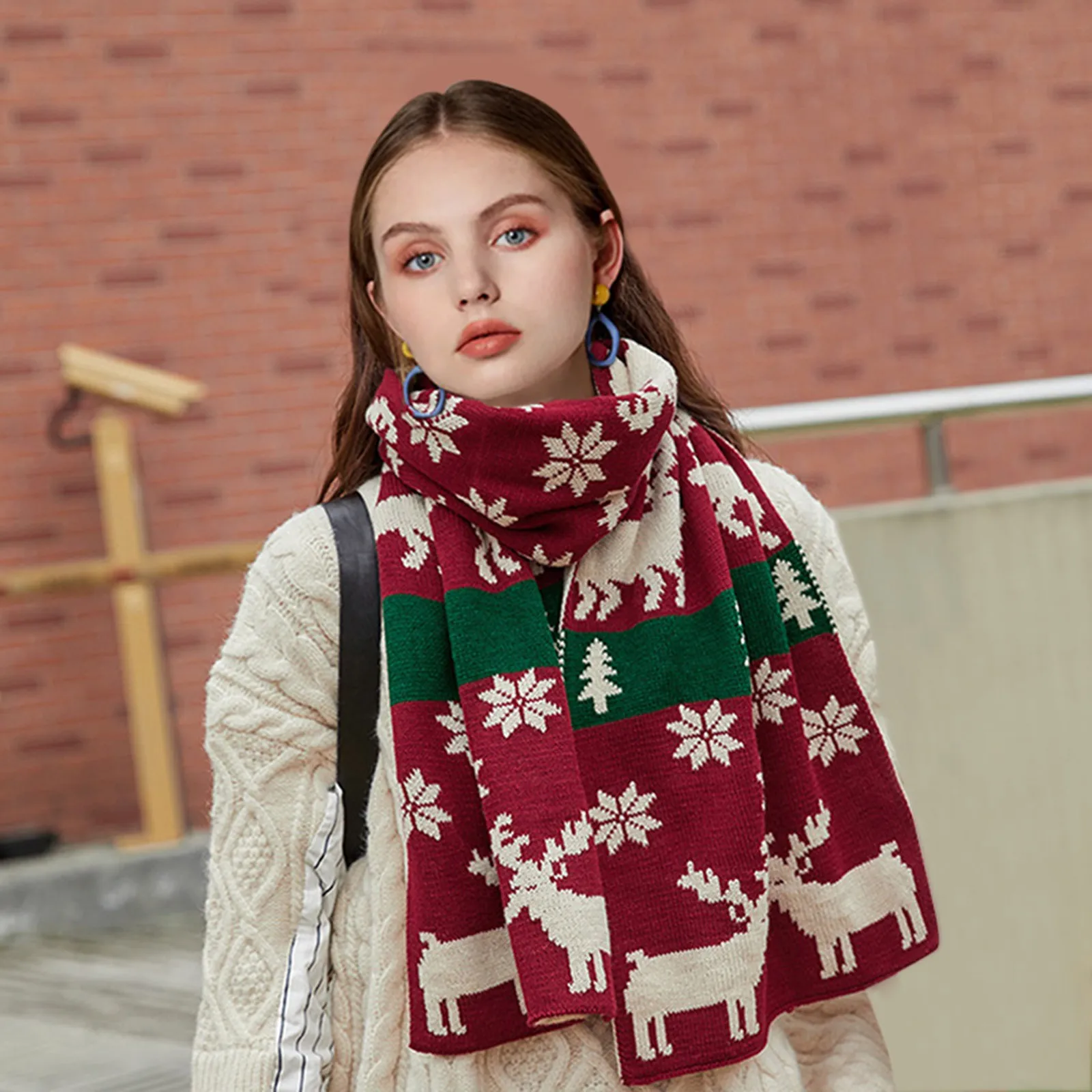 Winter Versatile Christmas Knitted Wool Red Scarf Deer Elk Scarves Printed Snowflake Warm Personality Women Thermal Shawl