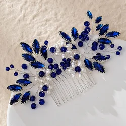 Rhinestone Hair Combs for Bride Wedding Black/Blue/Green Color Crystal Hairpins Flower Pearl Headpiece Handmade Hair Jewelry