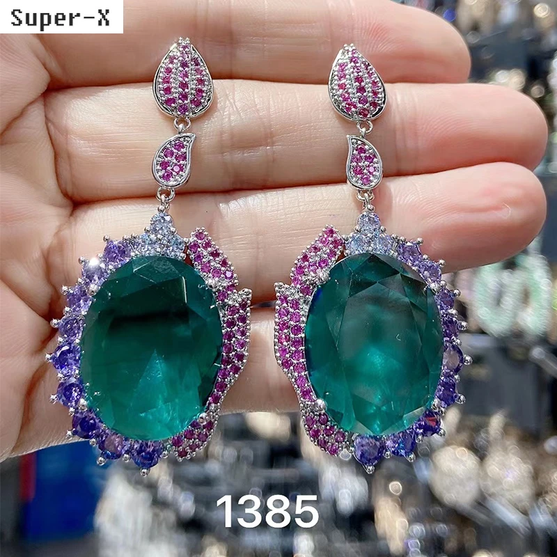

luxury earrings cubic zirconia silver gold color large green oval pendant designer jewelry evening party