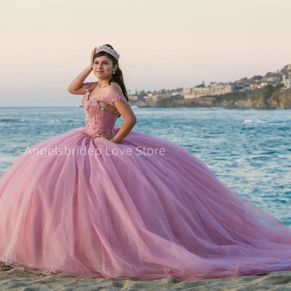 Angelsbridep Customized Charming Princess Pink Ball Gown 15 Year Old Quinceanera Dresses Crystal Appliques Vestidos De 15 Anos