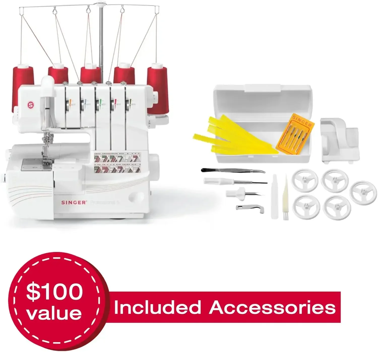 and Accessory Kit with 2-3-4-5 Stitch Capability, Removeable Trim Trap, 1300 Stitches per minute, & Self Adjusting, White
