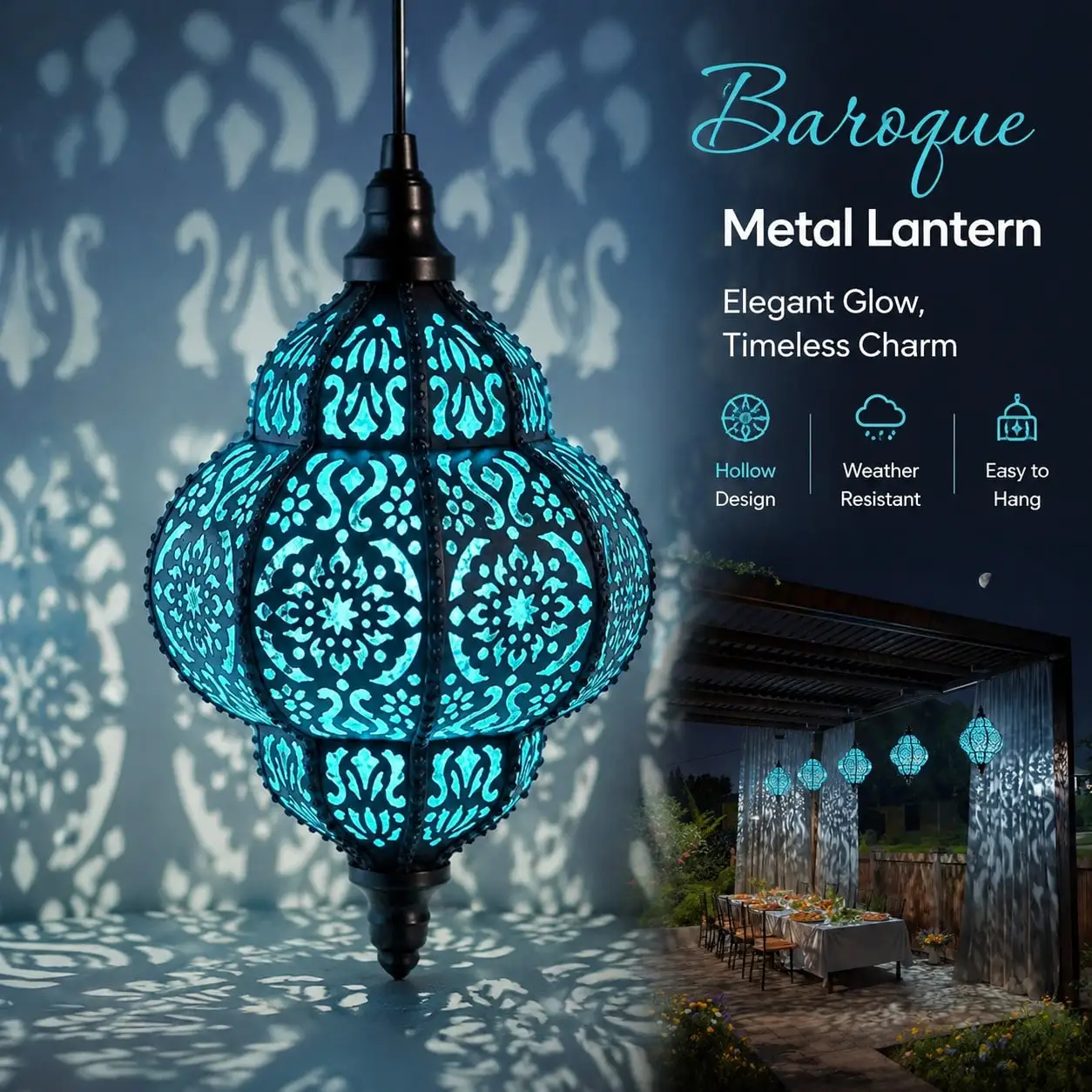 Solar Hollow-Out European Style LED Lantern, Solar-Powered Hanging Projection Light For Garden Courtyard Decor & Artistic Ambiance