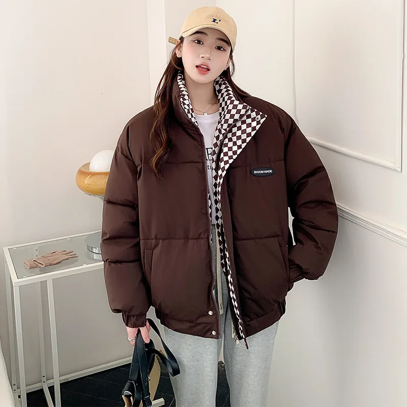 女性の秋/冬トップコートコットンコートスタンドアップカラーソリッドカラーショートチェック柄肥厚フリース裏地快適なニッチ