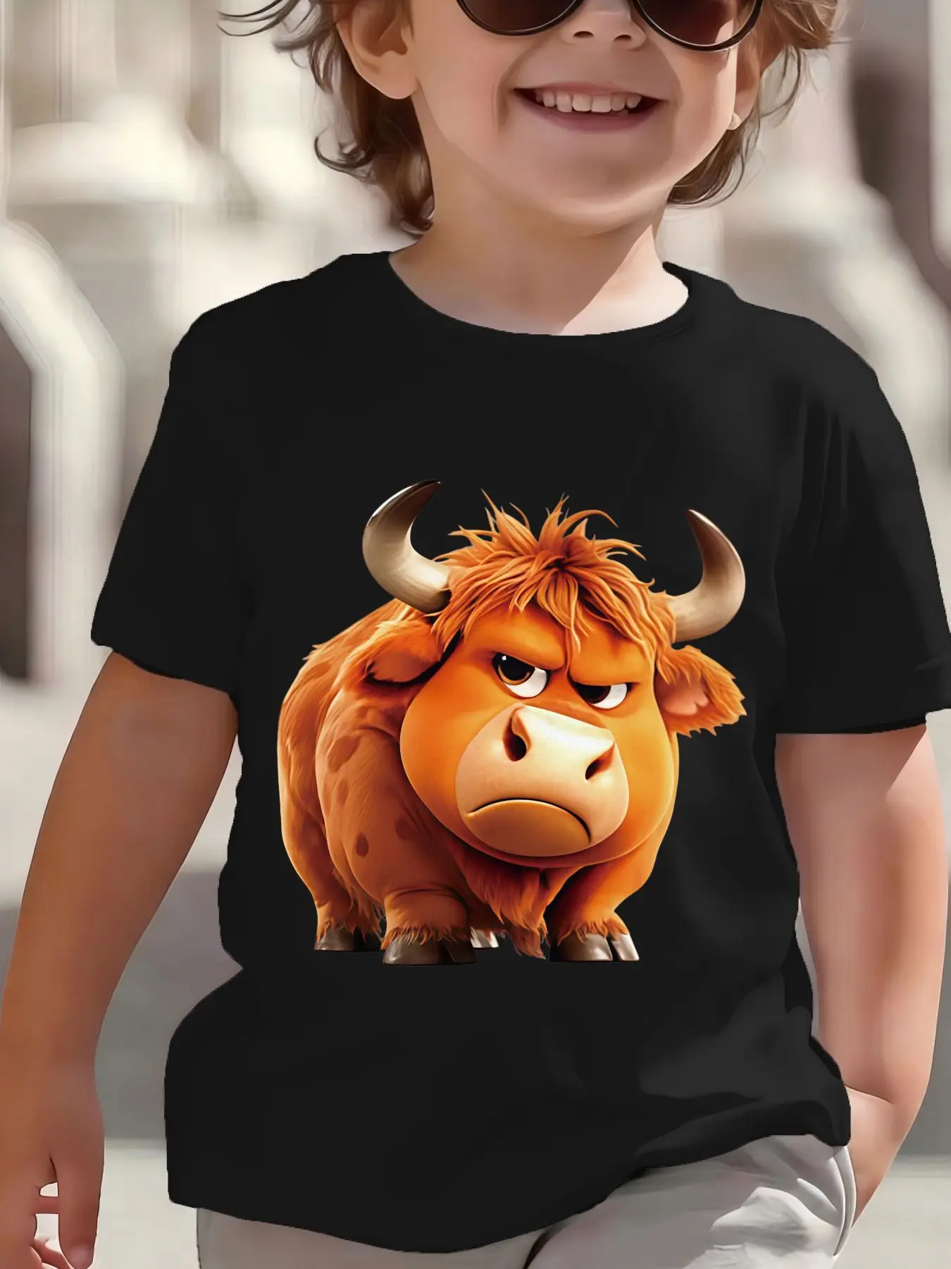 Kids Boys Girls Parent Child Matching Tee Grumpy Highland Cow Print Short Sleeve Crew Neck Soft Casual Daily Party Wear Tee