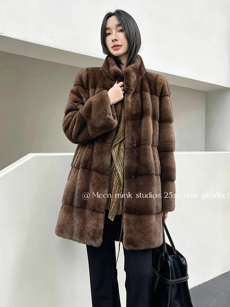 HDHOHR 2026 New100% Real Mink Fur Coat Women Fashion Natural Mink Coat Warm Leather Winter Luxury Mink Fur Jacket Outerwear