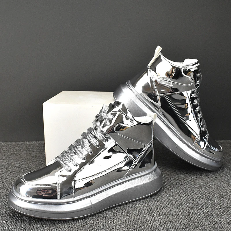 2024 Men\'s High Top Sports Shoes Fashion Shiny Leather Gold Silver Luxury Skateboard light soft Boots Sneaker high-quality