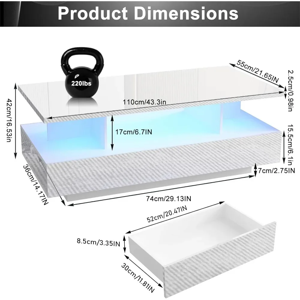 Mesa de centro LED com 2 gavetas de armazenamento, mesa de centro moderna com 60000 cores de iluminação, mesa central retangular de 2 andares