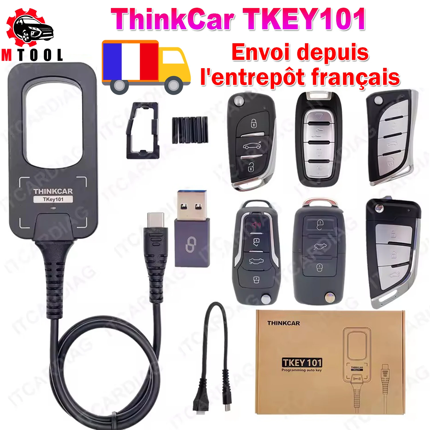 

FR WH THINKCAR TKEY 101 TKEY101 Universal Car Key Programmer Equipment with 6 Unit Remote Keys Supports Anti-Theft Systems