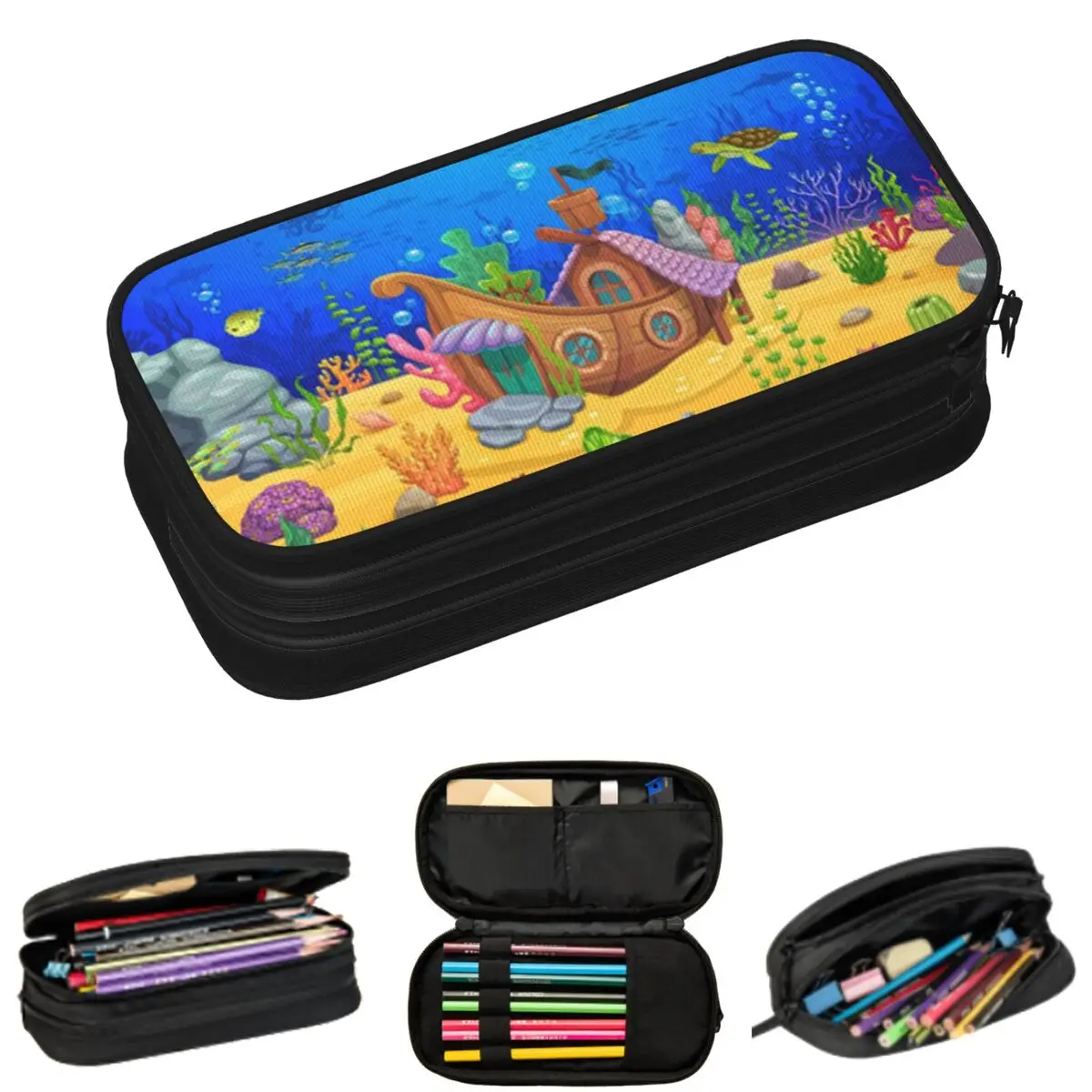 

Cartoon Fish And Sinking Ship Pencil Cases for Students School Pen Box Pencil Bag Large Storage Pencil Pouch