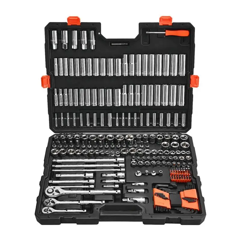 

Socket Set, 225 Pieces, 3/8 & 1/4 & 1/2 inch Drive Socket and Ratchet Set, SAE and Metric, Deep and Shallow, Mechanic Tool Kit with Bits, Accessories, Storage Case, CR-V Alloy Steel, for Repair