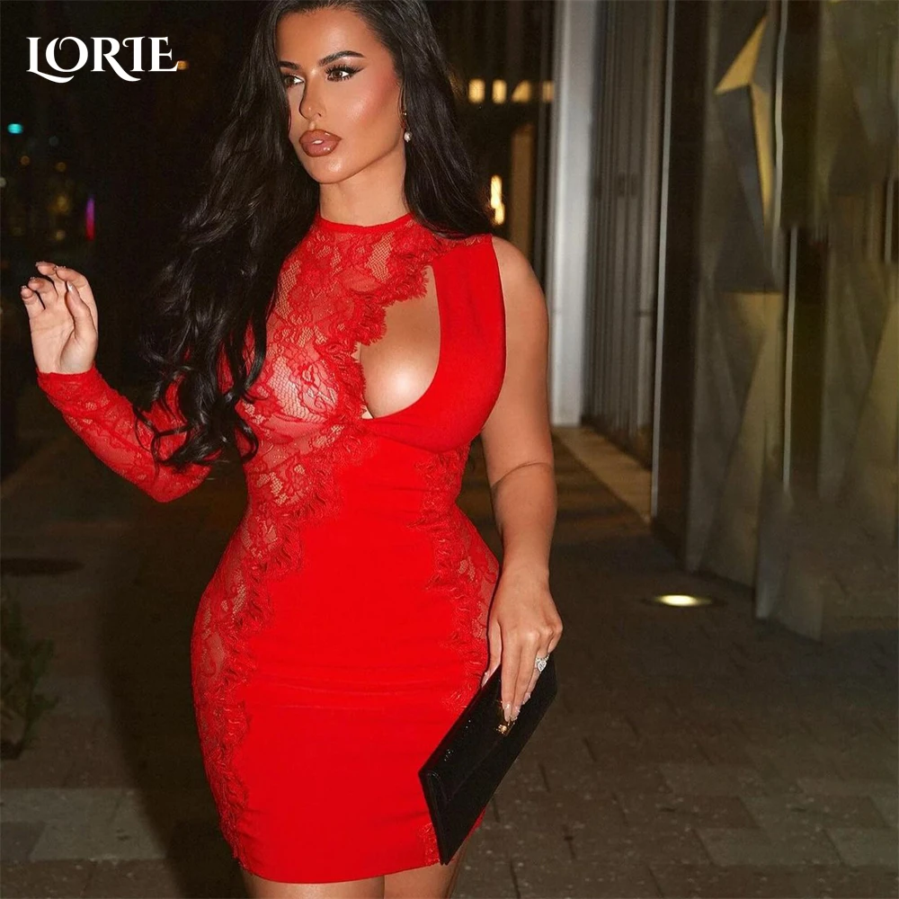 LORIE Red Lace Sexy Evening Dresses O-Neck Bodycon One Sleeve Mini Prom Dress Occasional Party Gowns robe de soirée femme 2024