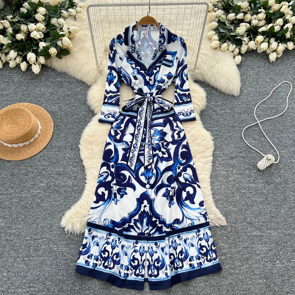 ฤดูร้อนฤดูใบไม้ร่วงใหม่Palaceสไตล์Goldenพิมพ์ดอกไม้Midiชุดเสื้อผู้หญิงครึ่งแขนเดี่ยวBreastedยาวVestidos 2025