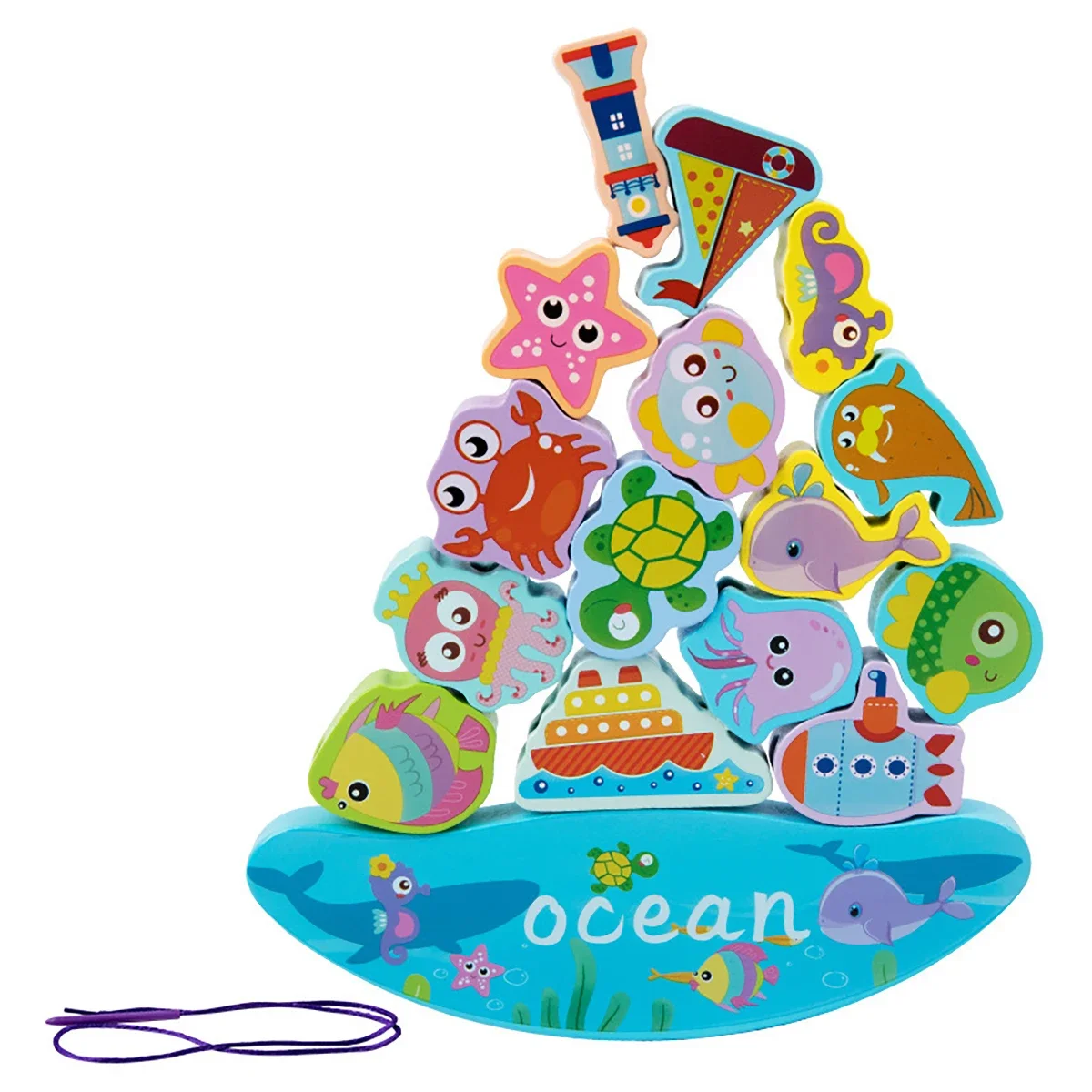 Blocs d'empilage d'équilibre en bois pour animaux de l'océan, jeu pour enfants, filetage en bois, jouets de motricité Fine, 1 pièce