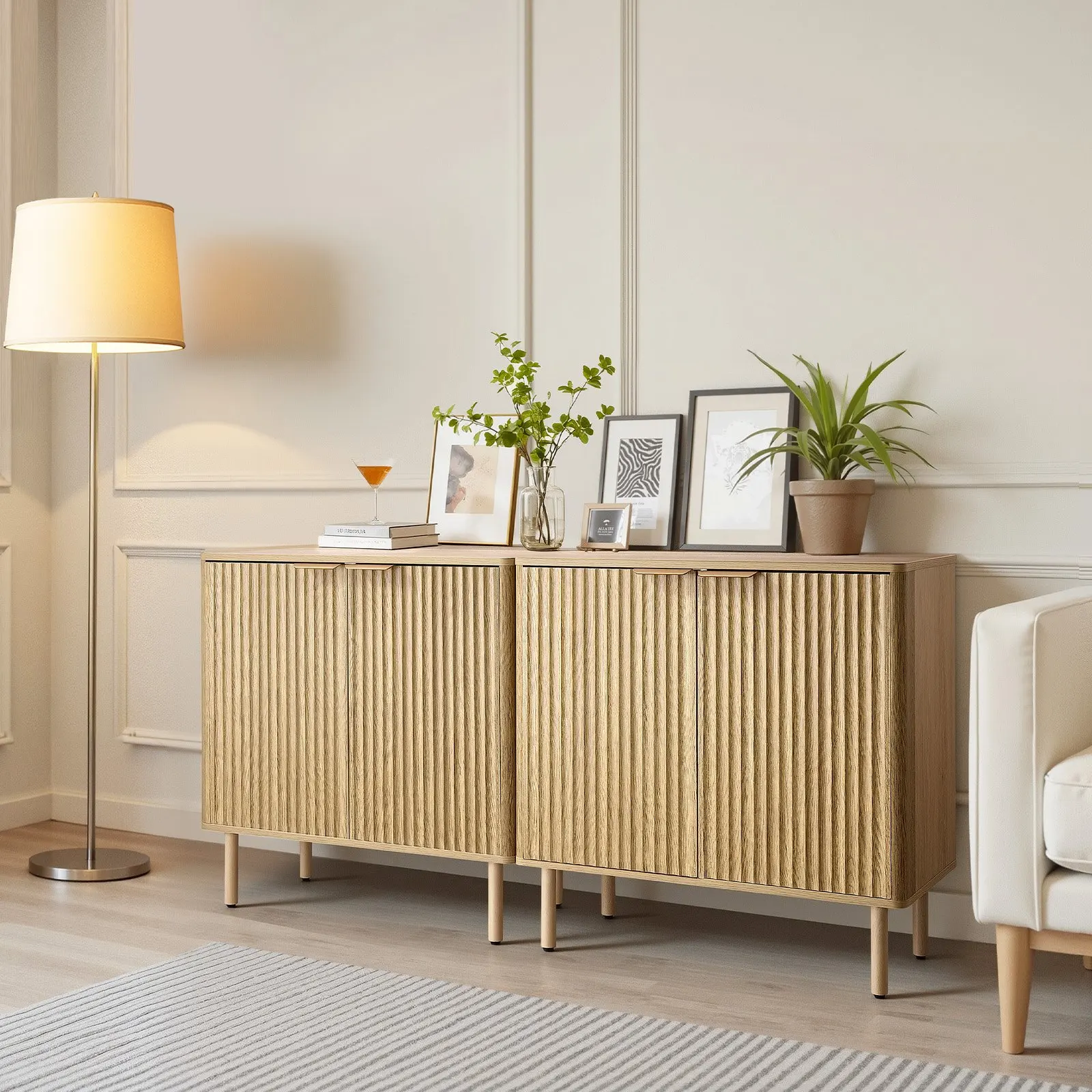 

Coffee Bar Cabinet, Mid Century Fluted Coffee Bar Table with 2-Tier Storage, Buffet Stand Cabinet with 4 Barn Doors, Sideboar