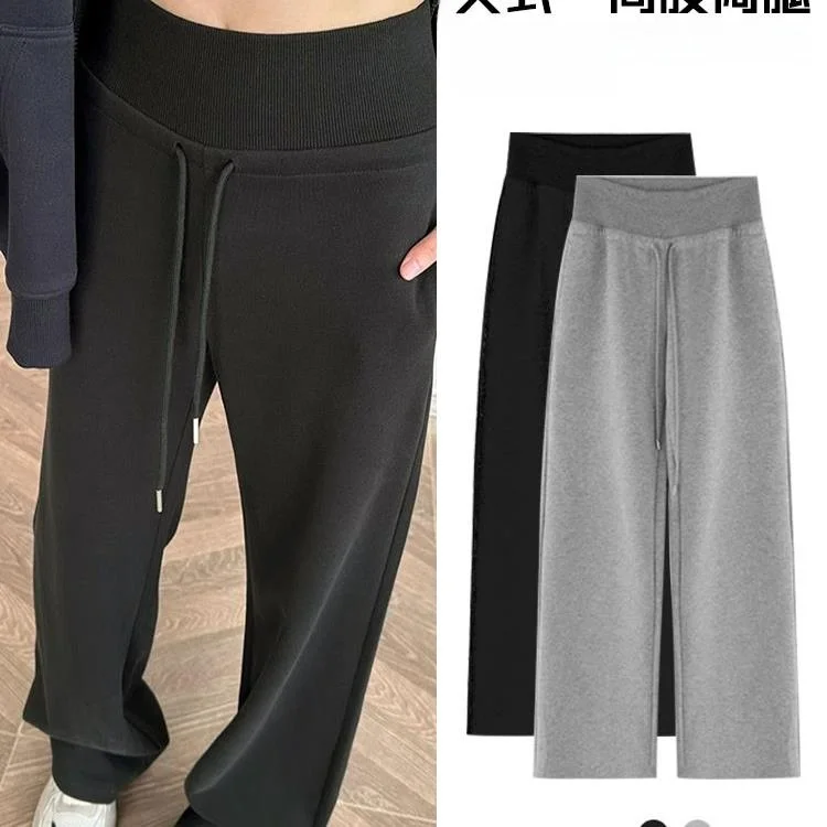 

Женские спортивные брюки с высокой талией, осенние, прямые, повседневные, свободные, с широкими штанинами, на шнурке, универсальные, удобные