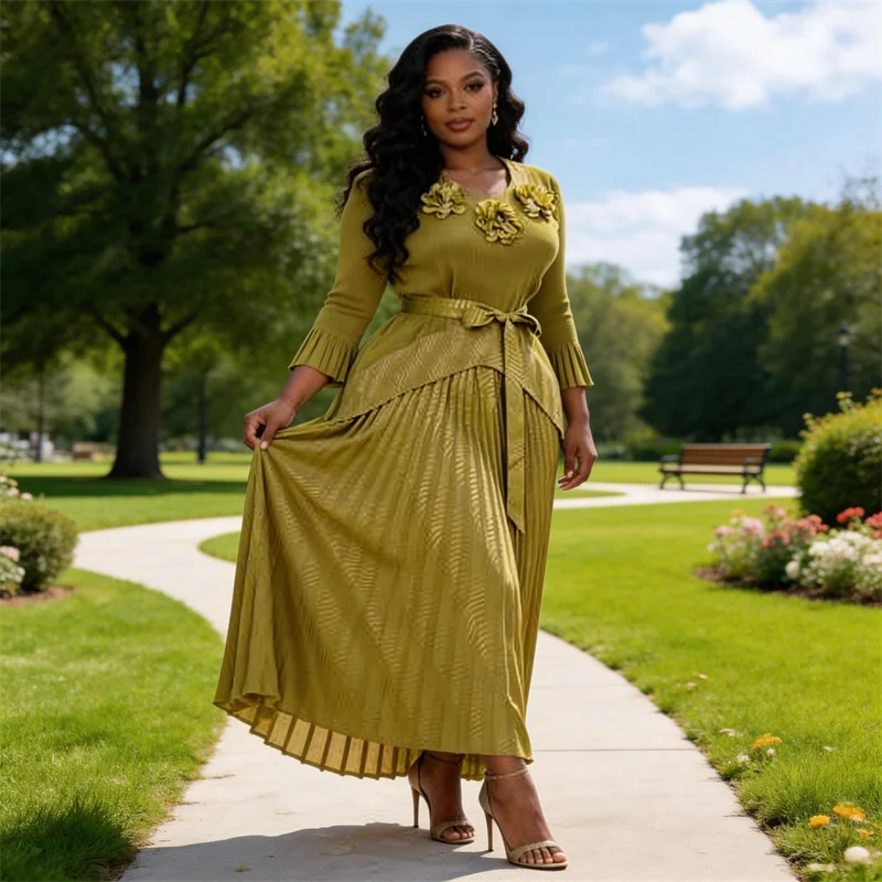 

Miyake Pleated Skirt Suit for Women 2026 New Three-dimensional Flower Top + Long Lace-up Pleated Skirt Two-piece Set