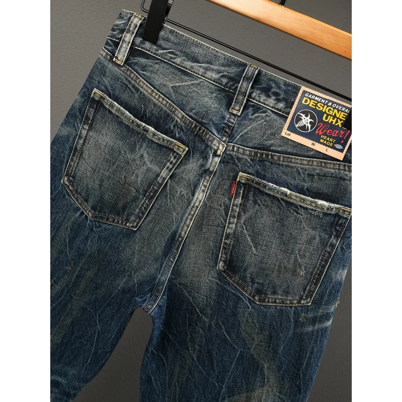 Celana Jeans Vintage Tebal Musim Gugur Pria, Berat, Distressed, Tren Fashion Jalanan, Warna Nostalgia, Model Lurus Longgar