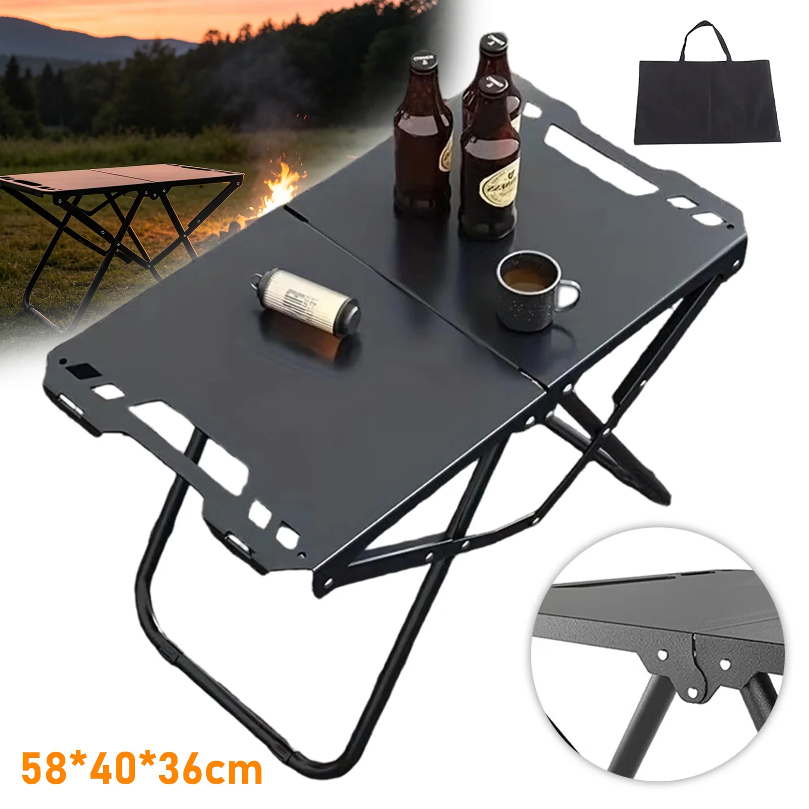 Table de camping, table pliable légère avec sac de rangement, table de pique-nique extérieure durable en acier au carbone, adaptée au camping, aux voyages, à la randonnée, aux pique-niques, aux barbecues et aux sorties à la plage - Noir