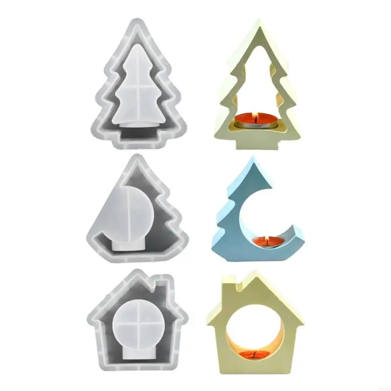 HX6F Candlestick Molds Silicone Crafts Mold House/Tree Shape Candle Stand Moulds Silicone Texture Ornament Molds for Candle