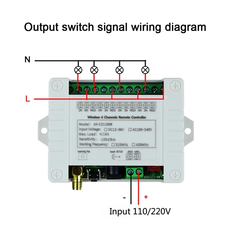 Wireless 4CH Remote Controller LED Light Switch Relay Output Radio RF Remote Control 433Mhz Receiver