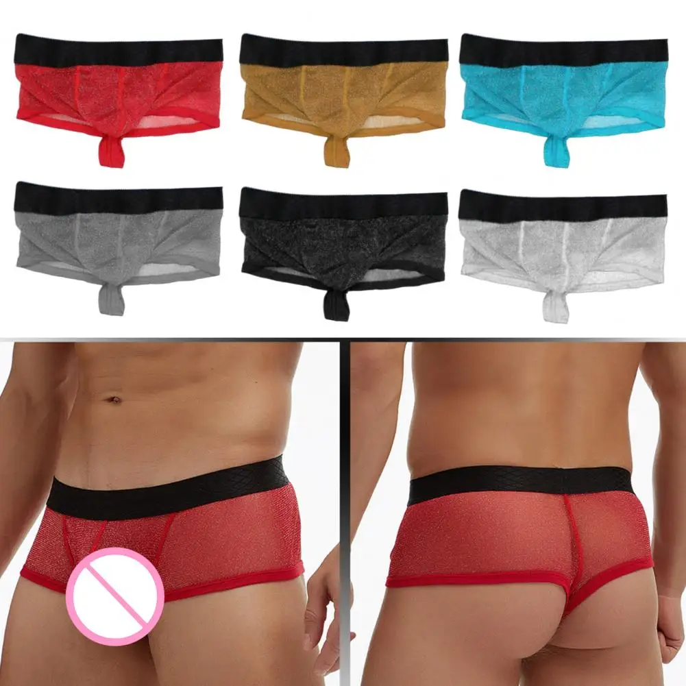 

Men Boxer Underwear Low-rise Perspective Thin Shorts Panties Patchwork Color U-convex Wide Waistband Underwear