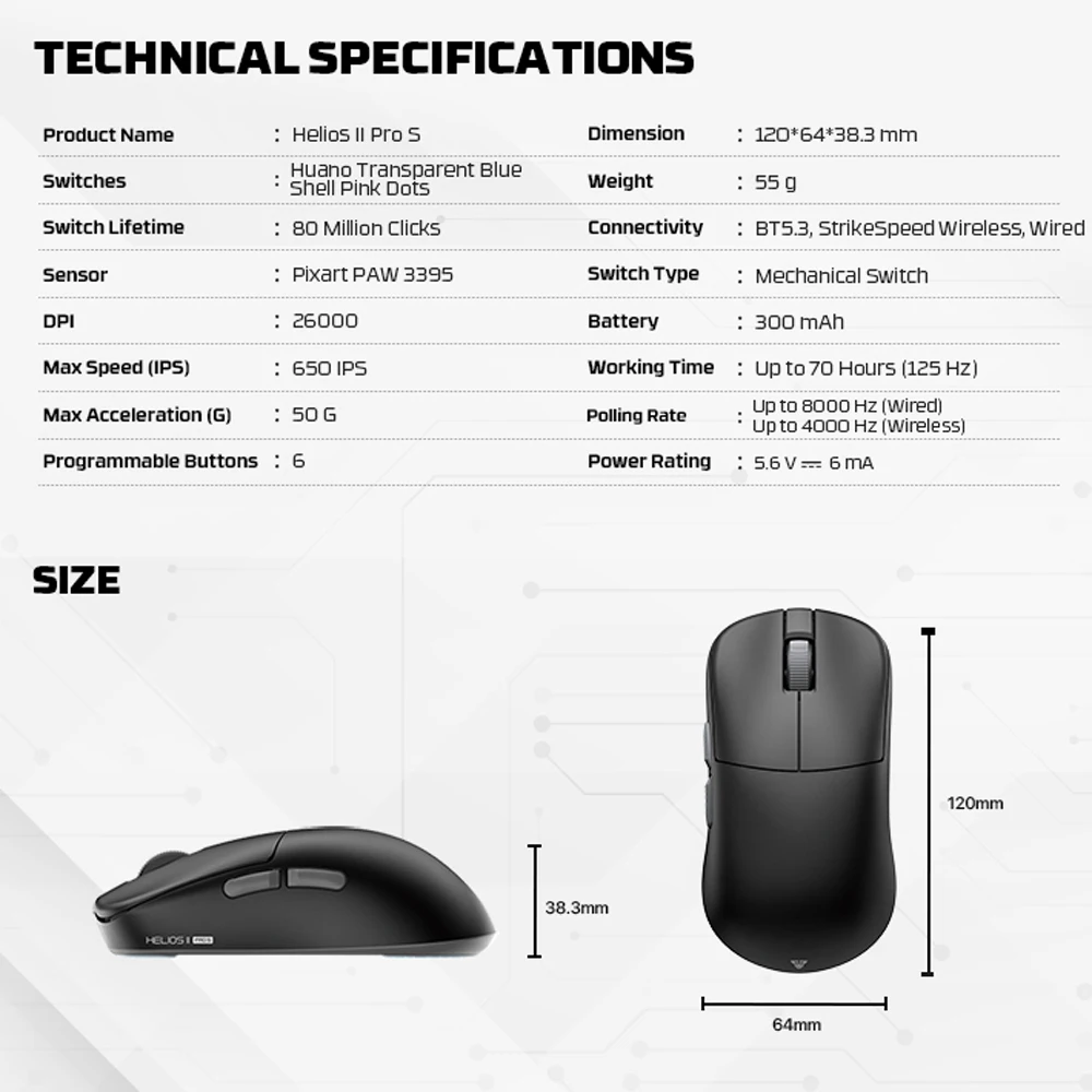 Fantech-ماوس ألعاب لاسلكي ، ماوس خفيف للغاية ، 3 أوضاع ، Helios II PRO S ، معدل اقتراع 8K ، PAW3395 ، نورديك ، 55g