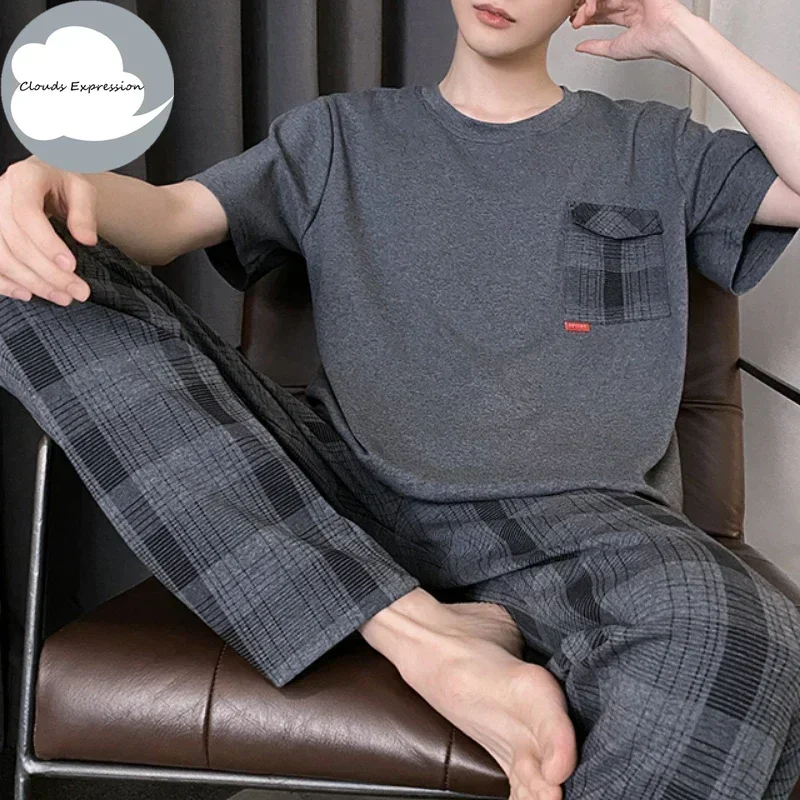 Summer Knitted Cool Mens Pyjamas Pajamas Casual Short-Sleeved Long Pants Pjs Sets Men\'s Sleepwear Nightwear Pijamas 4XL Homewea