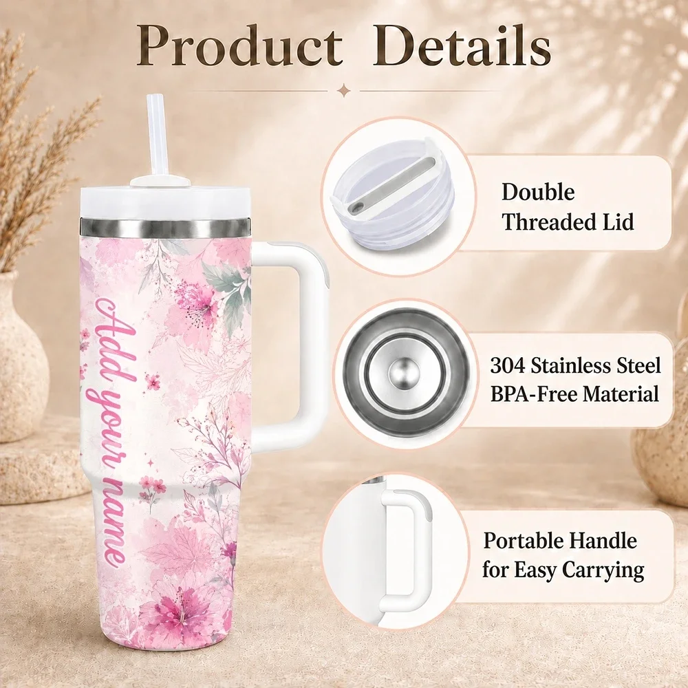 Pink Swan Rose Bloom Vacuum Flasks 40oz Stainless Steel Insulated Tumbler with Handle & Straw Leakproof Travel Mug