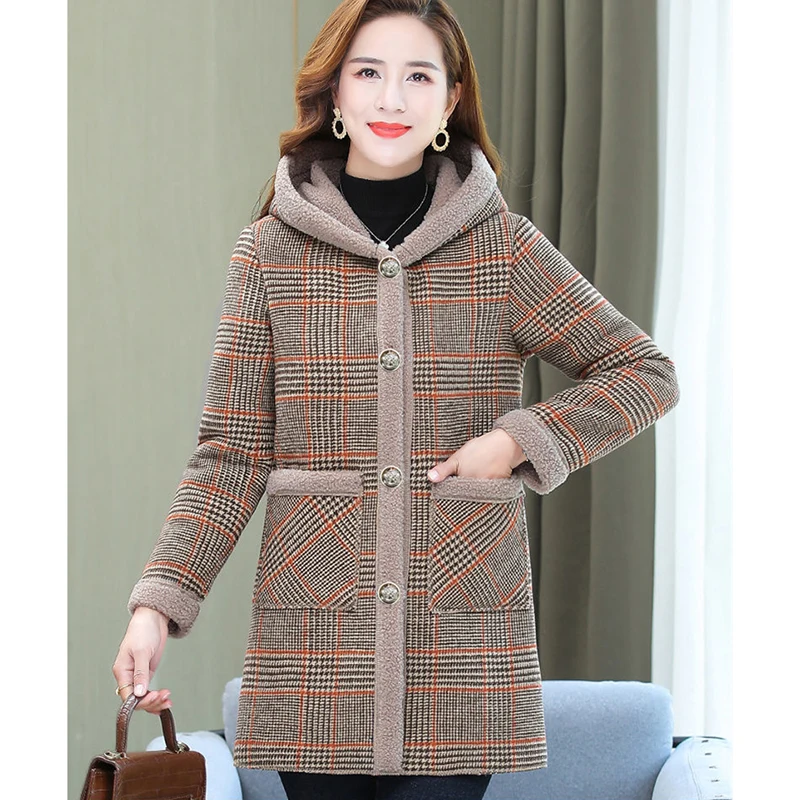 New Women Winter Jacket Fashion Plaid Long Coats Hooded Parka Overcoat Warm Woolen Blended Jacket Lady Outerwear Female Tops 5XL