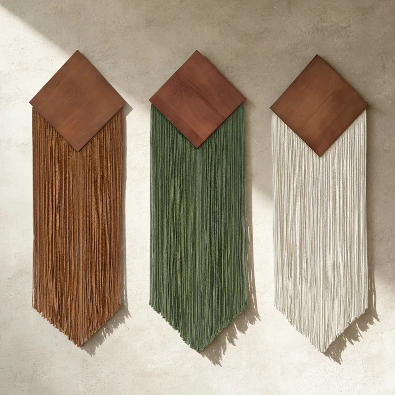 Hand-woven rhombus wooden board fringed tapestry B & B living room bedroom wall background decorative tapestry