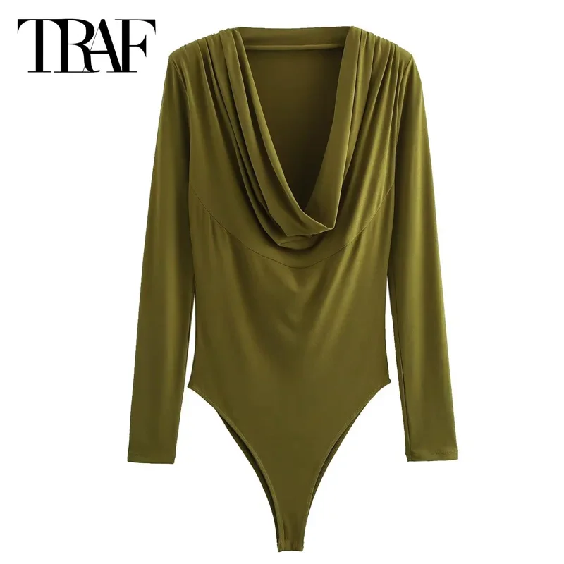 TRAF Bodysuits Women Sexy Tops Women 2024 Women's Long Sleeve Bodysuit Ruffled Army Green Bodysuit Best Selling Female Bodysuits