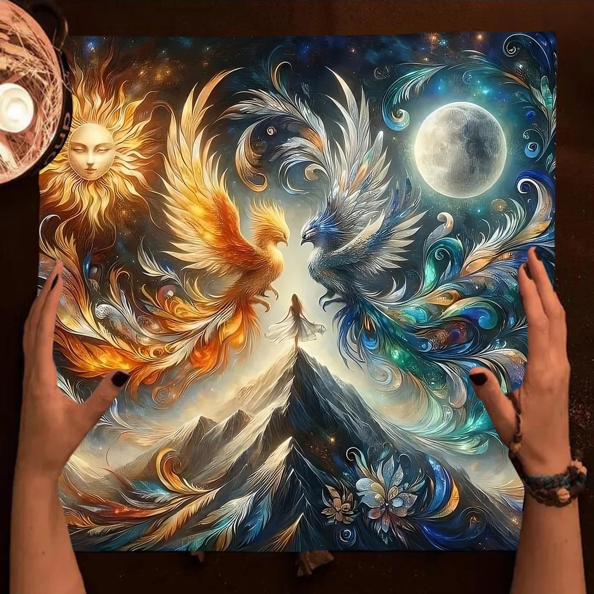 Nappe de Tarot Mystique Soleil et Lune 50/75cm, Tissu d'Altar Sorcière Phénix Glace et Feu pour Lectures de Tarot, Décoration Maison en Polyester
