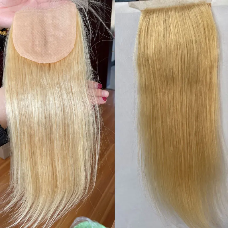 Fechamento de renda superior de seda em linha reta cinza loira base de seda cabelo humano fechamento de renda com cabelo de bebê 4x4 cabelo humano virgem brasileiro 613 #