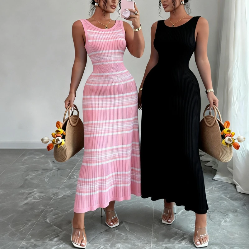 Damen Rosa Gestreiftes Ärmelloses O-Ausschnitt Stretch-Strickkleid Figurbetontes Maxi-Kleid Bleistiftkleid Sommer Strand Urlaub Alltags- und Partykleid