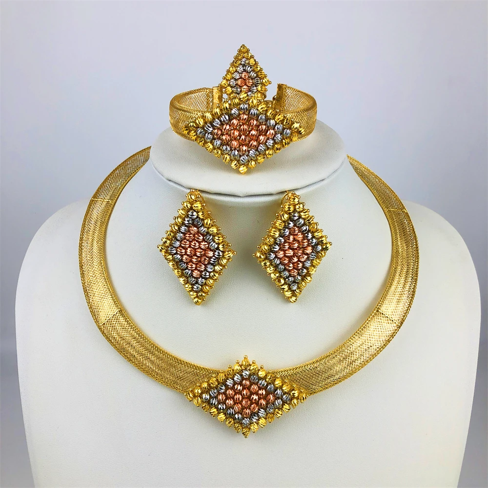

ESALE Nigeria Original 18K Gold Plated Jewelry Set Women Big Bold Necklace Earrings Bracelet Ring Wedding Party Accessor