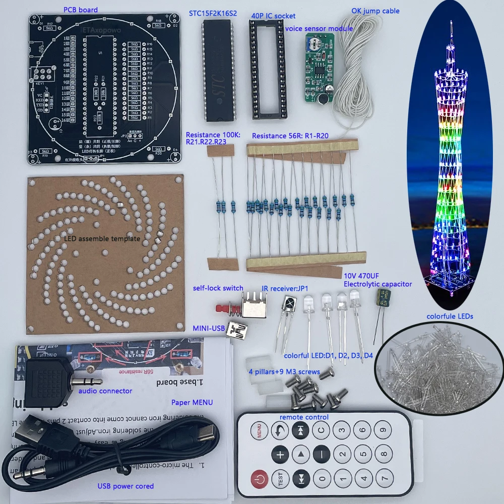 Diy kit de solda eletrônica led colorido canton torre luz 16*16 eletrônica treinamento prático solda