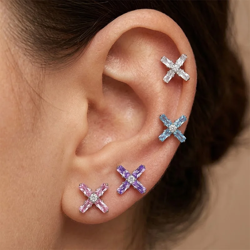 G23 Titanium Internal Thread Labret Stud Cross Ear Piercing Square Zirconia Helix Tragus Cartilage Lip Ring Jewelry