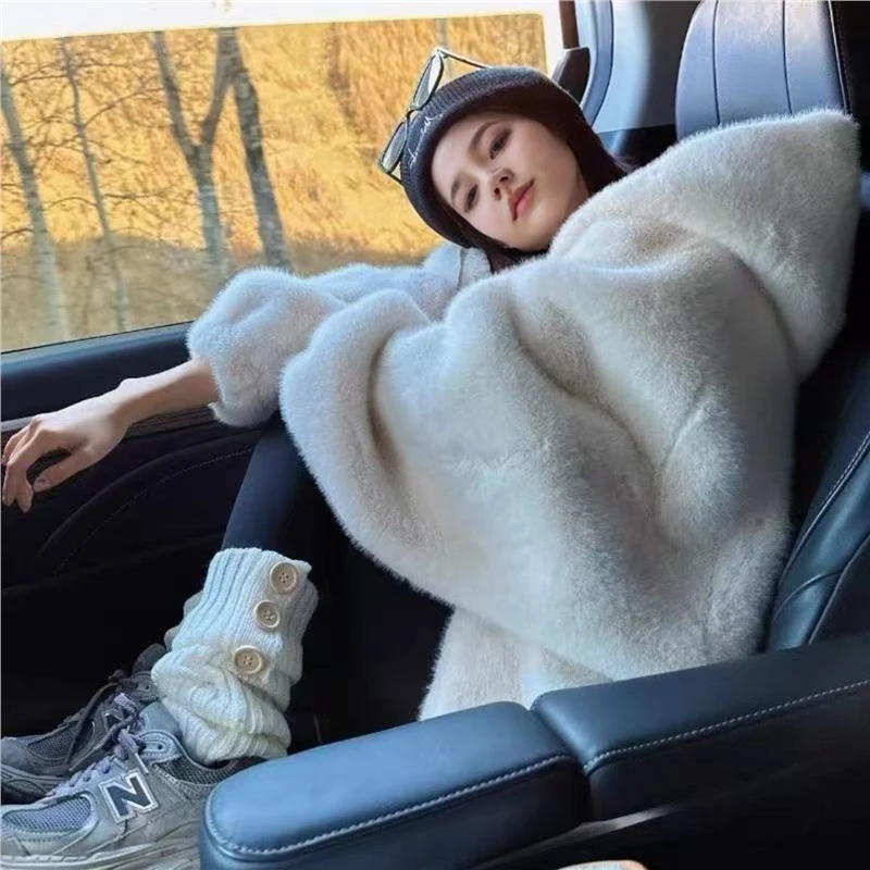 Abrigo de piel de algodón de longitud media para mujer, Jaet de piel sintética holgado y cálido para invierno con capucha, ropa de algodón cálida para toda la piel