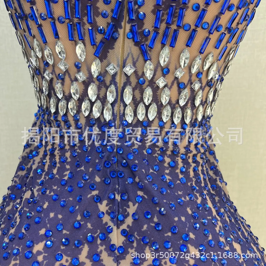 Crew Neck Slim Fit Rhinestone Dress Bar Banquet Birthday Party Night Performance Short Skirt Magic Blue vestidos elegantes mujer