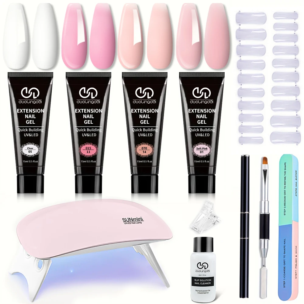 

4-Color Poly Gel Nail Extension Kit - Strong & Durable Builder Gel with Compact Nail Lamp - Professional Salon Results at Home