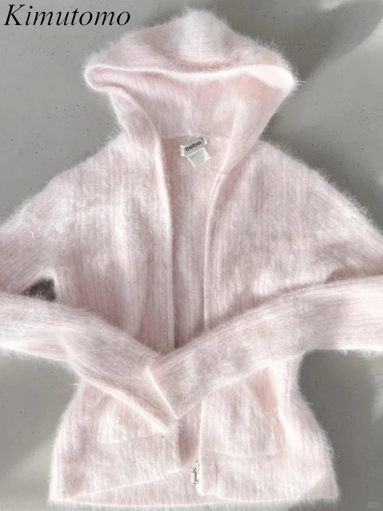 

Kimutomo Knitted Cardigan Women Sweet Zipper Hooded Slim Elegant Autumn Fashion Thin Sweater Female Y2k Aesthetic Harajuku