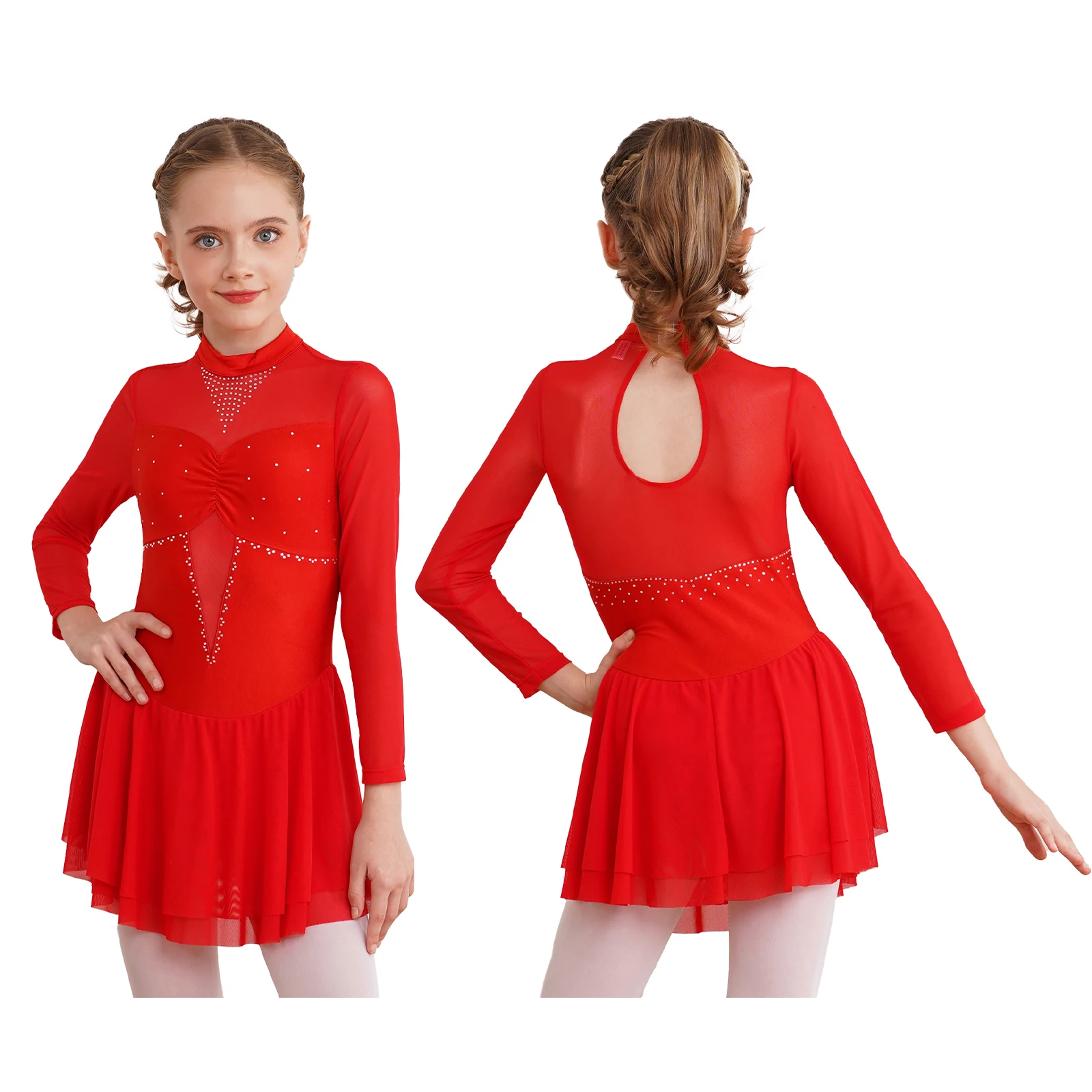 

Kids Girls Figure Skating Ballet Tutu Dance Dress Long Sleeve Shiny Rhinestone Patchwork Gymnastics Leotard Ballroom Dancewear