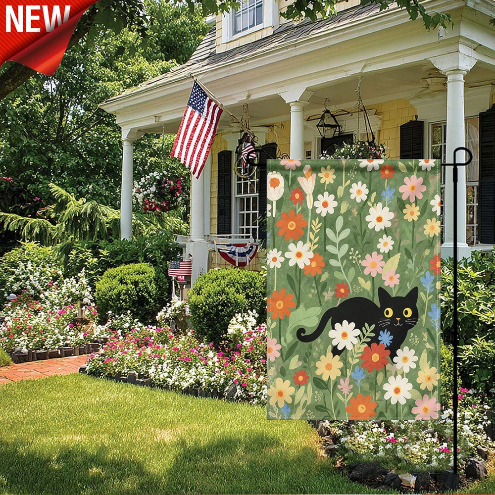 

1PC, Black Cat in Wildflower Garden Flag Floral Animal Print Outdoor Yard Decor Banner