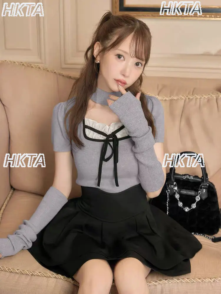 

Japanese-style Sweet Girls Niche Cute Bow-tie Pullover Sweater 2026 Spring New with Sleeves and Neck Warmer Knitted Sweater Top