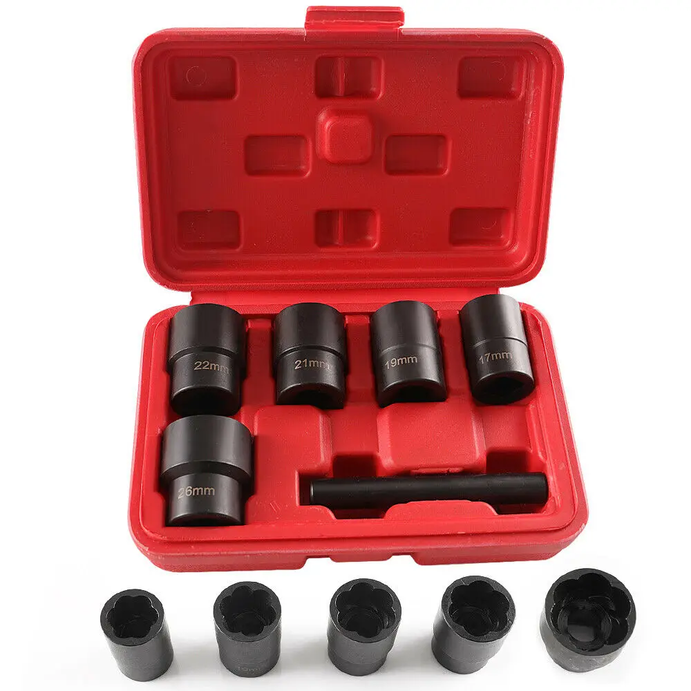 

1/2" Drive Lug Nut Remover Extractor Tool Metric 7pc Steel Deep Twist Socket Set Tire Screw Extractor Auto Repair Tool