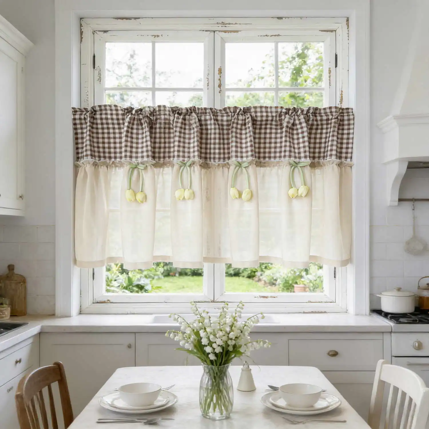 

Rustic Country Plaid Farmhouse Curtain with Tulip Decor, for Windows, Kitchen Light Filtering Curtain, Vintage Cafe Window Decor