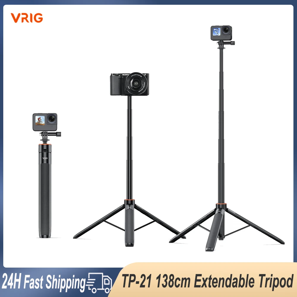 VRIG TP-21 138cm Extended Selfie Stick Tripod Mini Portable Tripod for GoPro 12/11/10 Insta360 x3 ace Action Camera Vlog Stand